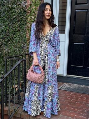 Silk Blend Boho Maxi Dress with Purple Paisley & Leopard Trim